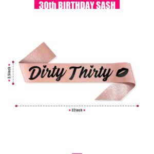 PartyForever 30th Birthday Dirty Thirty Sash Rose Gold 32 inch Long with Black Letters Dirty 30 Birthday Decorations Sash