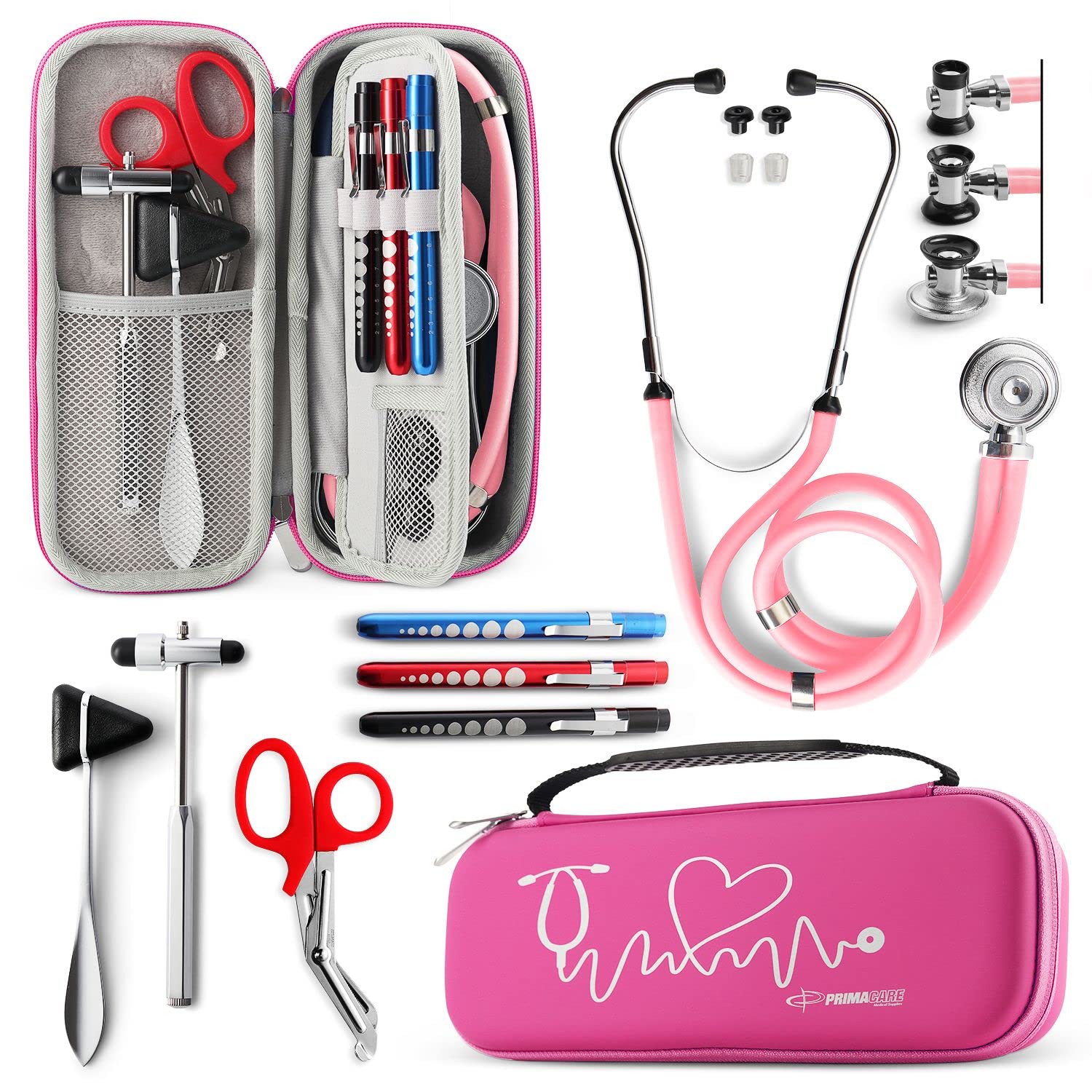 Primacare KB-9397-PK Stethoscope Case, SUPPLIES INCLUDED, Pink with Multiple Compartments, Portable and Lightweight First Aid Kit Bag with Vital Medical Supplies, Nursing Accessories for Nurses