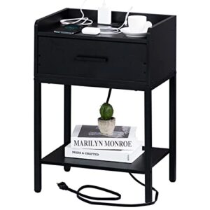 yaharbo nightstand with charging station and usb ports, 3-tier end side table with storage drawer and shelf, bedside night stand for bedroom- black