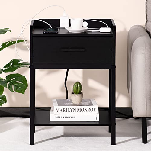 YAHARBO Nightstand with Charging Station and USB Ports, 3-Tier End Side Table with Storage Drawer and Shelf, Bedside Night Stand for Bedroom- Black