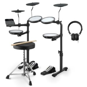 donner ded-70 electric drum set with 4 quiet mesh drum pads, 2 switch pedal, portable and solid drum set with type-c charging, 68+ sounds, throne, headphones, sticks, melodics lessons