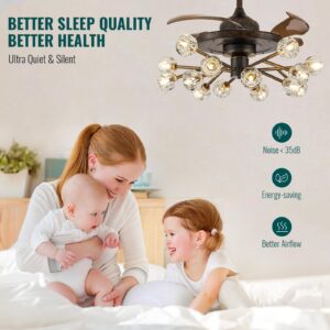 Siljoy 15-Light Vintage Ceiling Fan with Light, Black Sputnik Crystal Chandelier Fan with Remote, Retractable Fandelier with Invisible Blades for Dining Room Living Room Bedroom 36 Inch