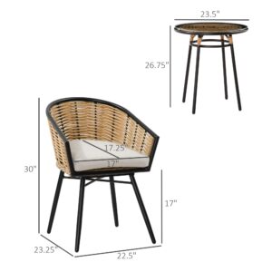 Outsunny 3 Piece Patio Set, Outdoor Bistro Furniture, PE Rattan Wicker Table and Chairs, Cushioned, Hand Woven, Barrel-Style with Tempered Glass for Garden, Porch, Pool, Backyard, Cream White