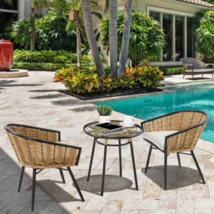 Outsunny 3 Piece Patio Set, Outdoor Bistro Furniture, PE Rattan Wicker Table and Chairs, Cushioned, Hand Woven, Barrel-Style with Tempered Glass for Garden, Porch, Pool, Backyard, Cream White