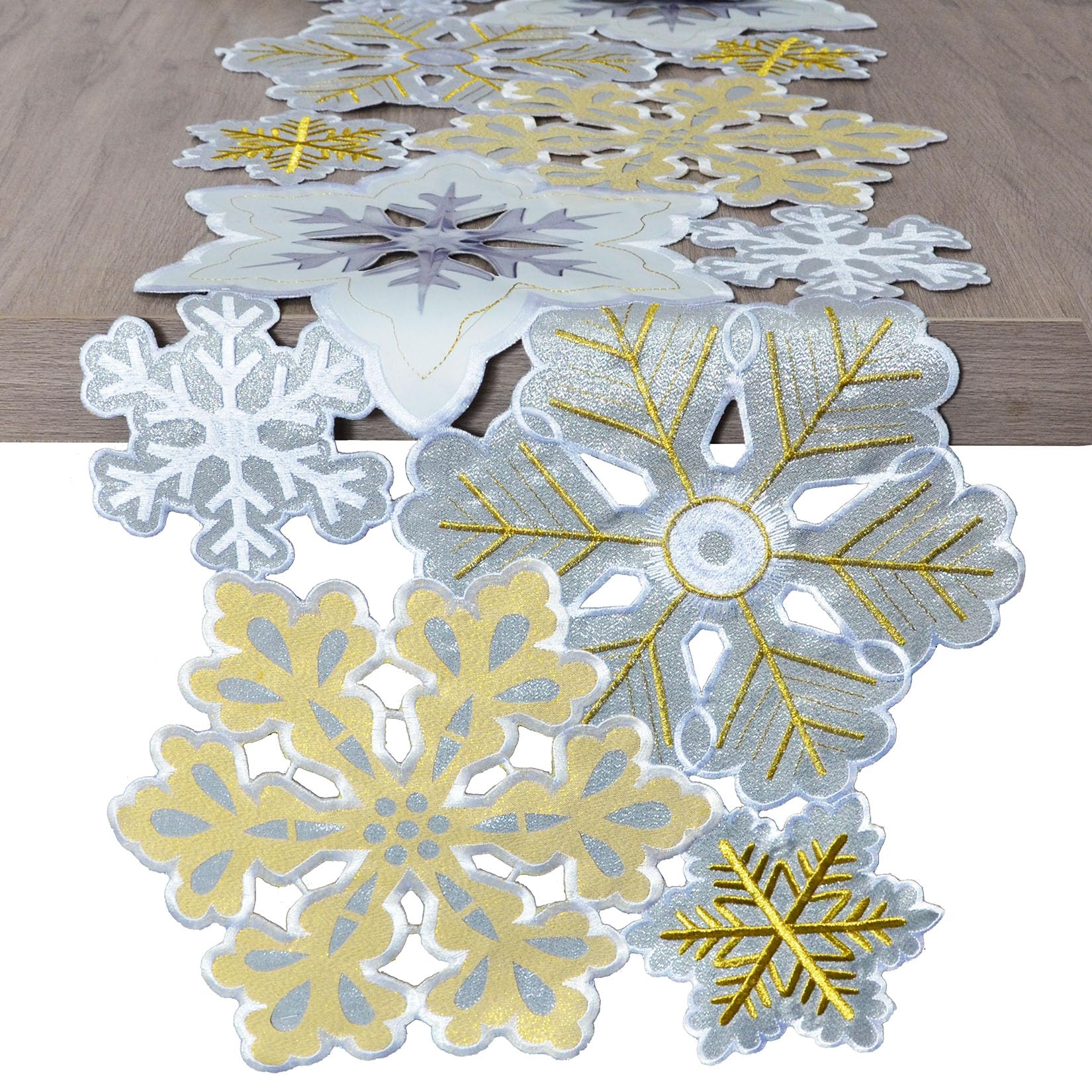 Grelucgo Machine Embroidered and Hand Cut Silver and Gold Winter Snowflakes Table Runner for Christmas Holiday (14 x 120 inches)