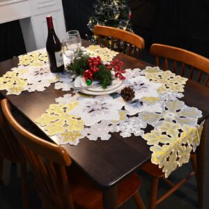 Grelucgo Machine Embroidered and Hand Cut Silver and Gold Winter Snowflakes Table Runner for Christmas Holiday (14 x 120 inches)