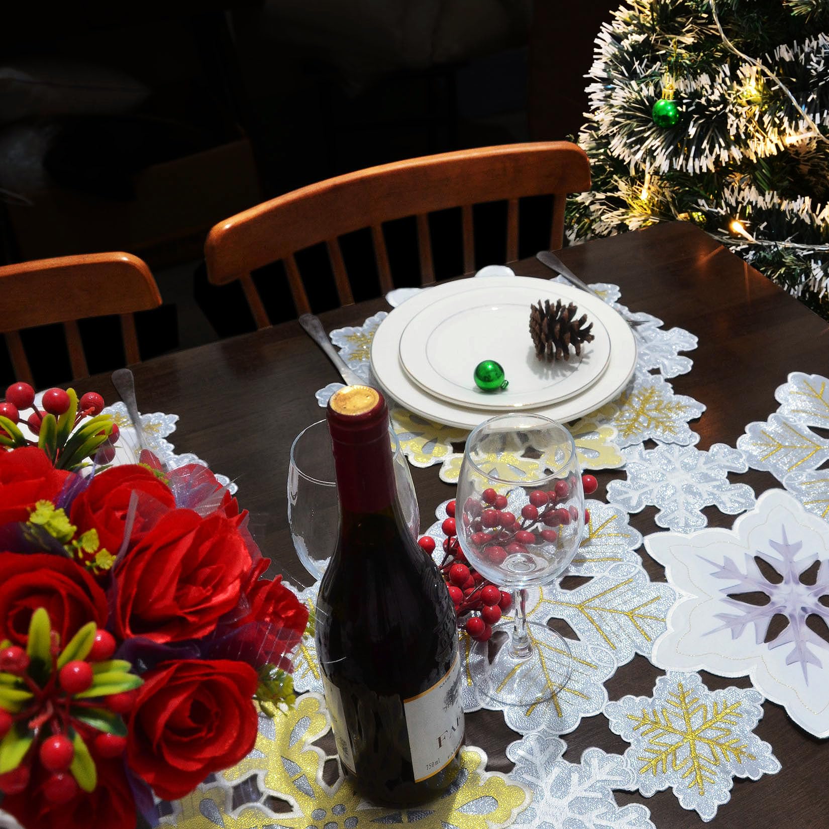 Grelucgo Machine Embroidered and Hand Cut Silver and Gold Winter Snowflakes Table Runner for Christmas Holiday (14 x 120 inches)