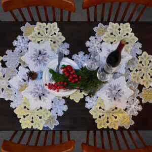 Grelucgo Machine Embroidered and Hand Cut Silver and Gold Winter Snowflakes Table Runner for Christmas Holiday (14 x 120 inches)