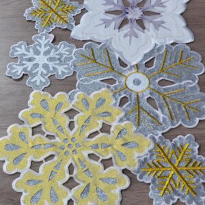 Grelucgo Machine Embroidered and Hand Cut Silver and Gold Winter Snowflakes Table Runner for Christmas Holiday (14 x 120 inches)