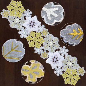 Grelucgo Machine Embroidered and Hand Cut Silver and Gold Winter Snowflakes Table Runner for Christmas Holiday (14 x 120 inches)