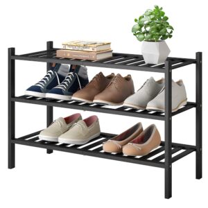 shoe rack, 3-tier bamboo stackable shoe shelf storage organizer, shoe stand for closet, entryway and hallway