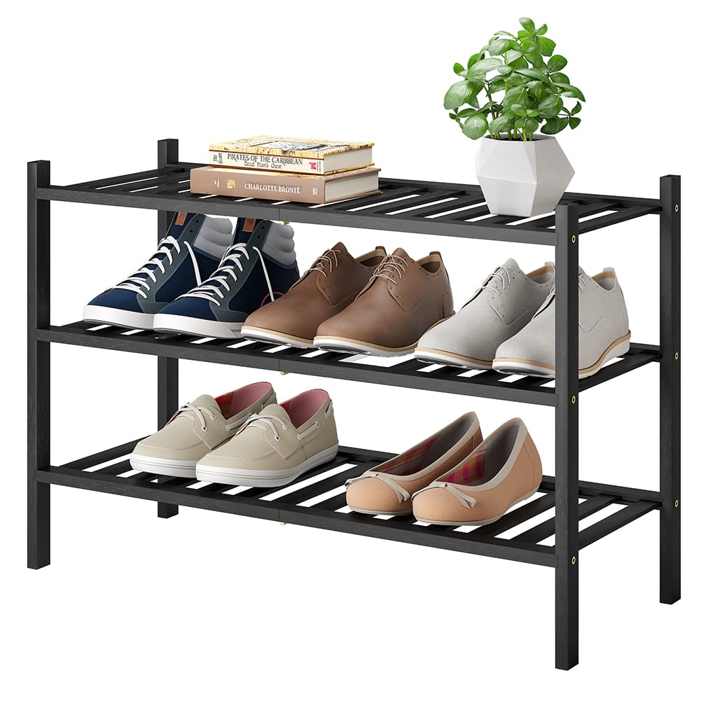 Shoe Rack, 3-Tier Bamboo Stackable Shoe Shelf Storage Organizer, Shoe Stand for Closet, Entryway and Hallway