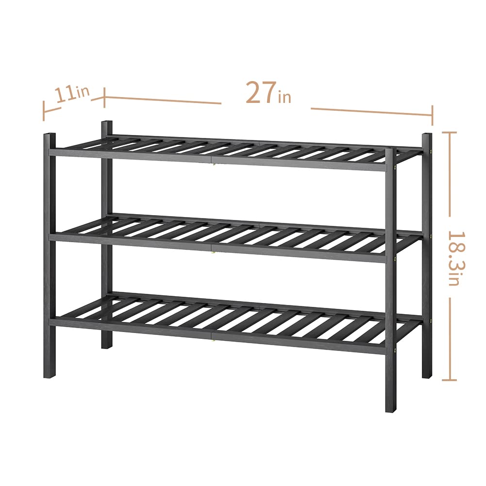 Shoe Rack, 3-Tier Bamboo Stackable Shoe Shelf Storage Organizer, Shoe Stand for Closet, Entryway and Hallway