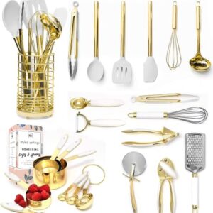 Gold Cooking Utensils with Gold Measuring Cups and Spoons Set - 23 Piece Luxe White and Gold Kitchen Accessories Include Gold Metal Measuring Cups and Spoons Set and White and Gold Kitchen Utensils