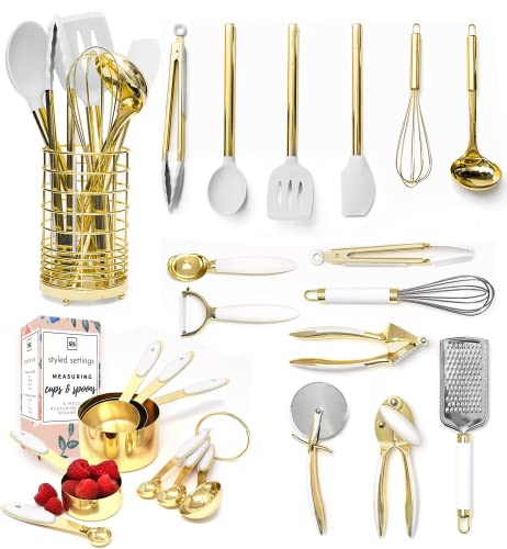 Gold Cooking Utensils with Gold Measuring Cups and Spoons Set - 23 Piece Luxe White and Gold Kitchen Accessories Include Gold Metal Measuring Cups and Spoons Set and White and Gold Kitchen Utensils