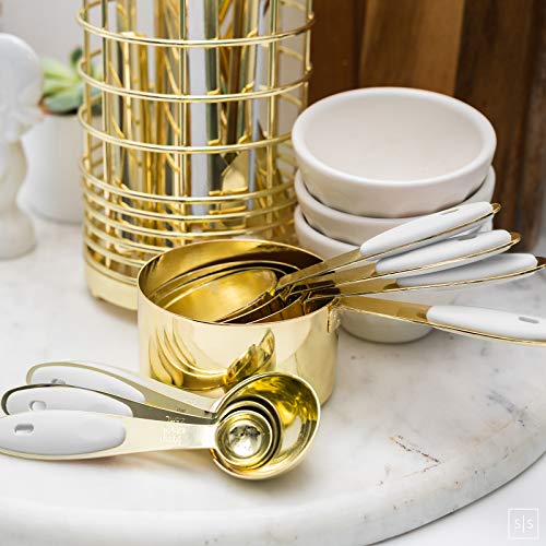 Gold Cooking Utensils with Gold Measuring Cups and Spoons Set - 23 Piece Luxe White and Gold Kitchen Accessories Include Gold Metal Measuring Cups and Spoons Set and White and Gold Kitchen Utensils