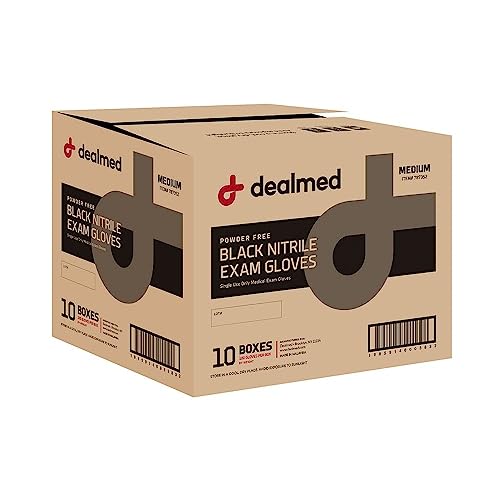 Dealmed Black Nitrile Exam Gloves – Disposable Multi-Purpose Use Medical Gloves Use for First Aid and Medical Facilities, 100 Count (Medium, Pack of 10)