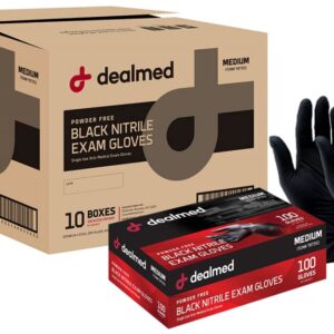 Dealmed Black Nitrile Exam Gloves – Disposable Multi-Purpose Use Medical Gloves Use for First Aid and Medical Facilities, 100 Count (Medium, Pack of 10)