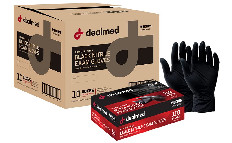 Dealmed Black Nitrile Exam Gloves – Disposable Multi-Purpose Use Medical Gloves Use for First Aid and Medical Facilities, 100 Count (Medium, Pack of 10)