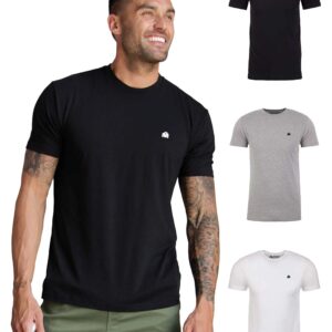 INTO THE AM Men's Fitted Crew Neck Logo Basic Tees 3-Pack - Modern Fit Fresh Classic Short Sleeve T-Shirts for Men (Black/Grey/White, Large)