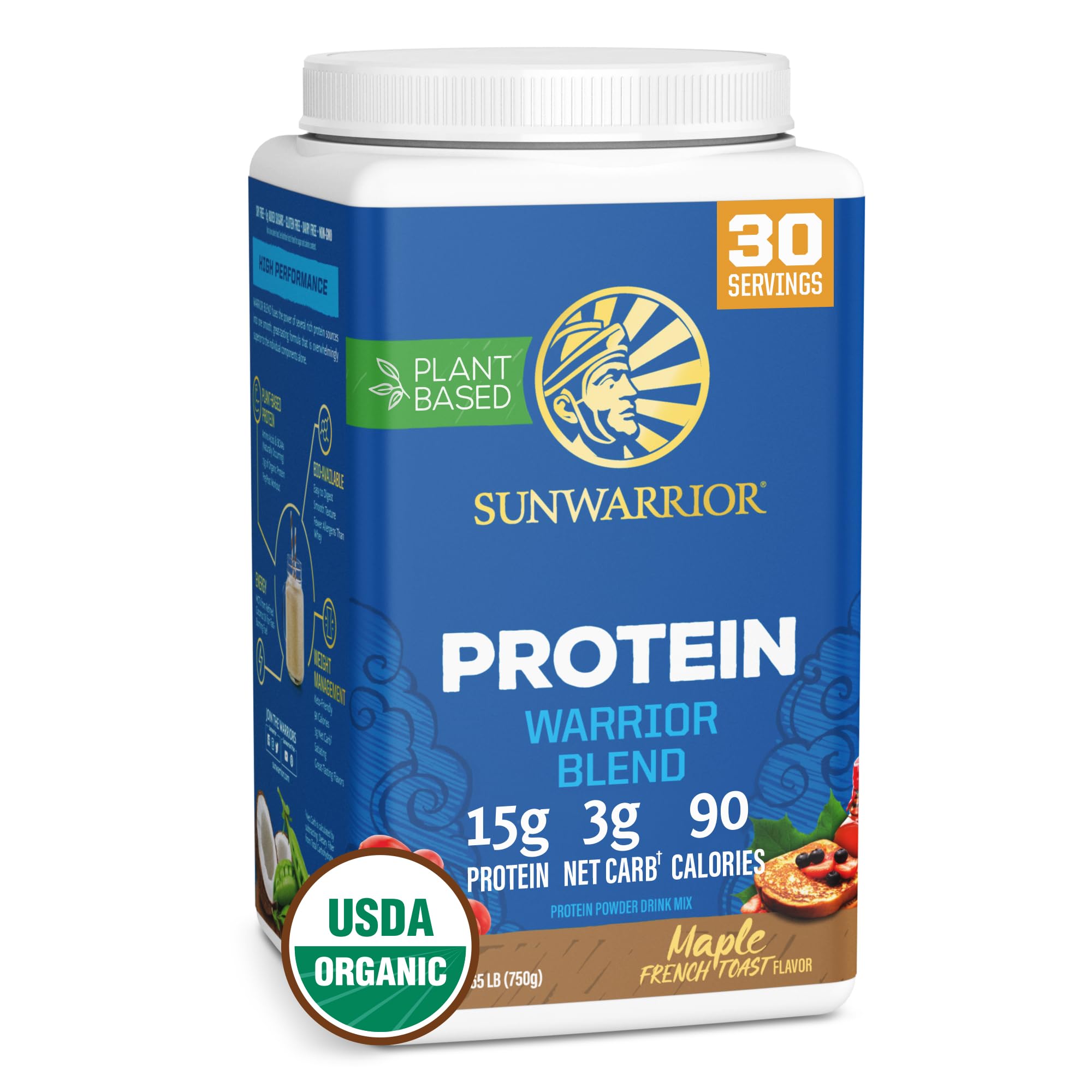 Vegan Organic Protein Powder Plant-based | BCAA Amino Acids Hemp Seed Soy Free Dairy Free Gluten Free Synthetic Free NON-GMO | Maple Toast 30 Servings | Warrior Blend by Sunwarrior