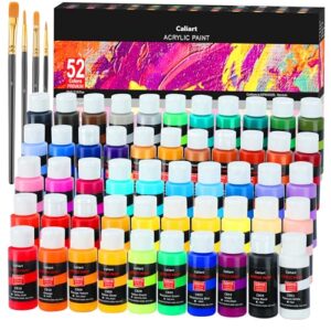 caliart acrylic paint set with 4 brushes, 52 colors (59ml, 2oz) art craft paints for artists kids students beginners & painters, canvas halloween pumpkin ceramic wood rock painting art supplies kit