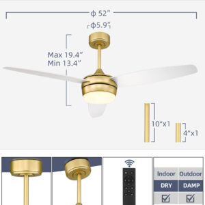 YOUKAIN Modern Ceiling Fan, 52 Inch Gold Ceiling Fan with Light and Remote Control, LED Ceiling Fan with 3 White Blades for Living room, Bedroom, Bathroom, 52-YJ273-WH