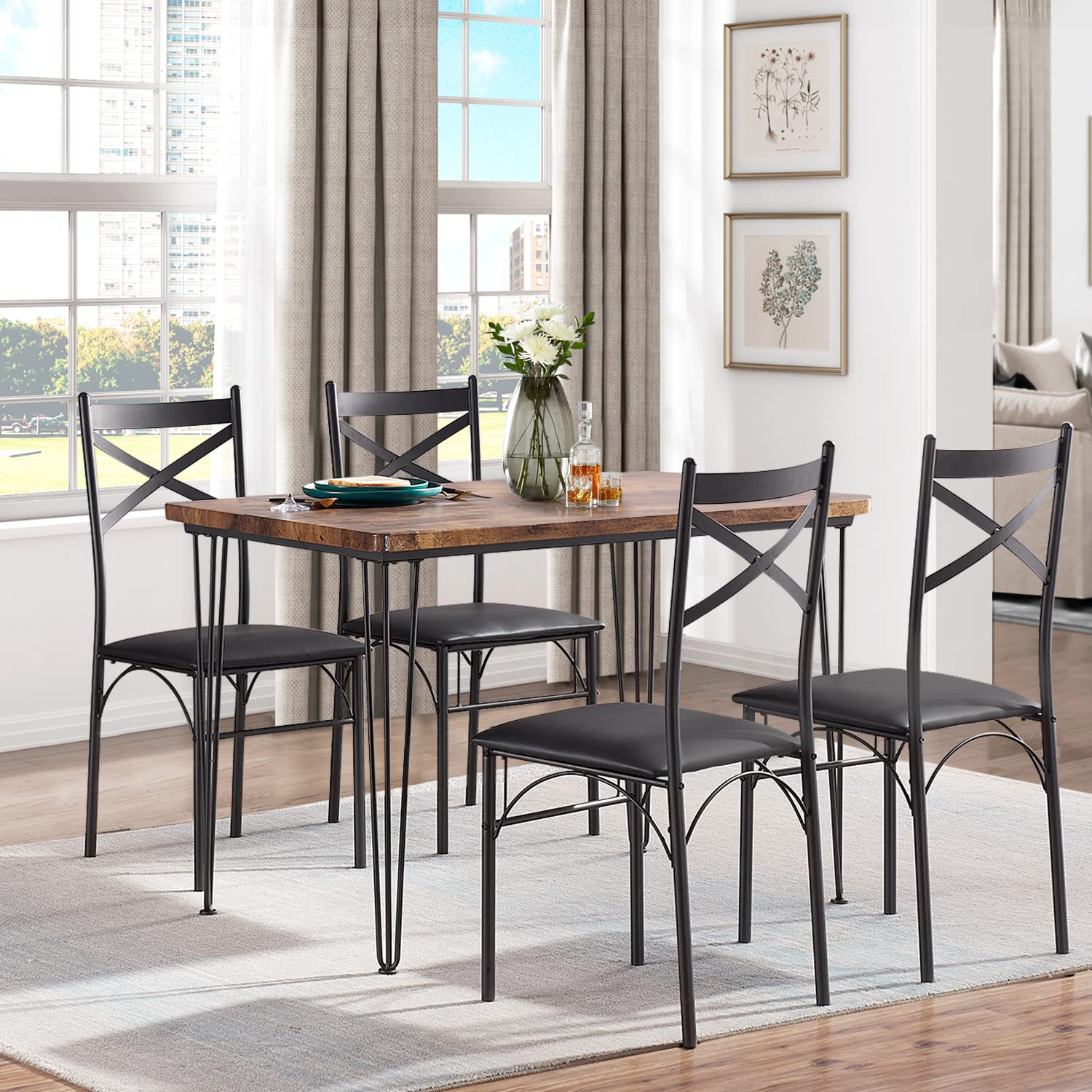 VECELO Kitchen Dining Room Table Set for Dinette, Breakfast Nook, 4 PU Metal Frame Chairs,Rectangular, Set of 5, Brown