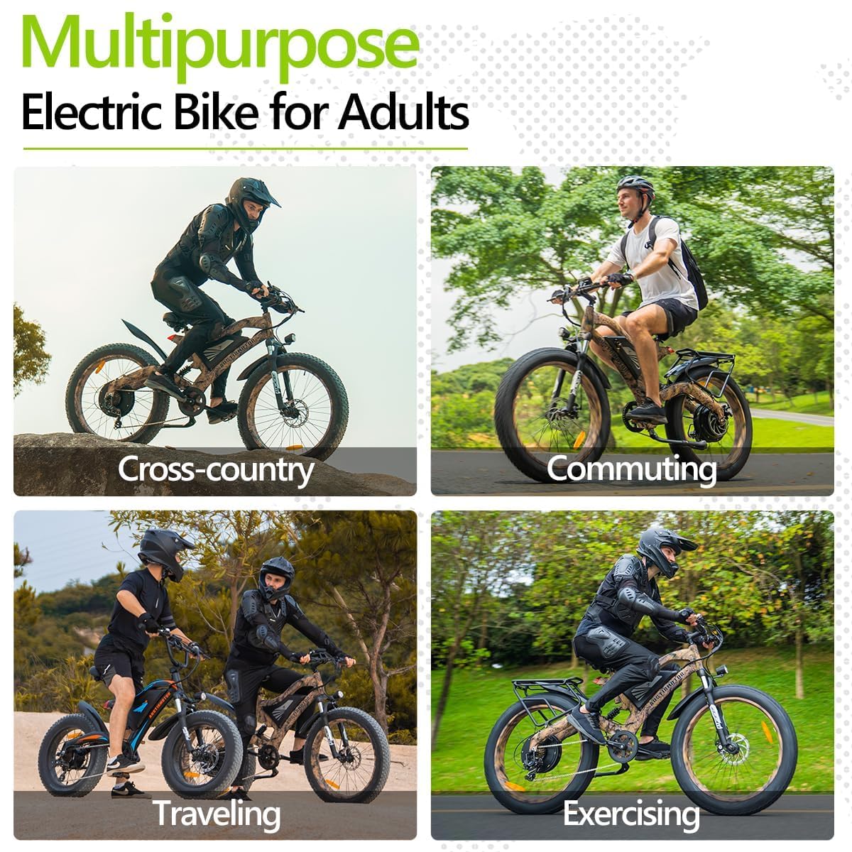 1500W Electric Bike for Adults,Max Speed 31MPH Electric Mountain Bike,48V15Ah Removable Battery,26" Fat tire Electric Bicycles,with Dual Shock Absorber,Shimano 7 Speed (Snake(with rear rack))