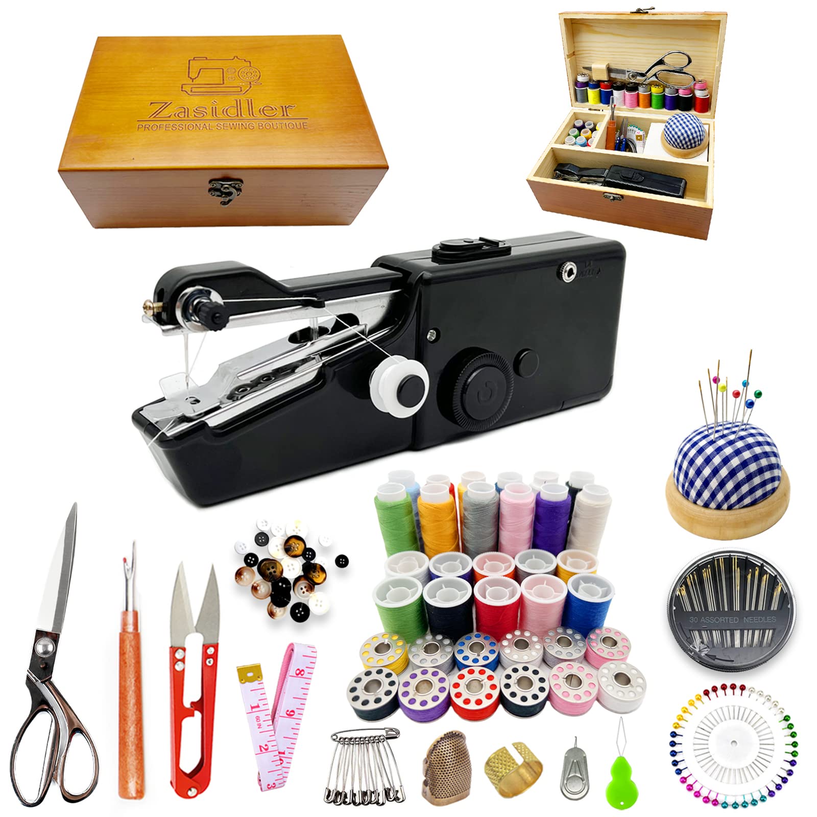 Handheld Sewing Machine, Hand Sewing Machine, Hand Held Sewing Device, Mini Portable Adult Beginner Sewing Kit, Wooden Sewing Box with 153 Pcs Sewing Supplies