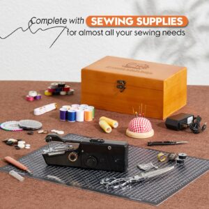 Handheld Sewing Machine, Hand Sewing Machine, Hand Held Sewing Device, Mini Portable Adult Beginner Sewing Kit, Wooden Sewing Box with 153 Pcs Sewing Supplies