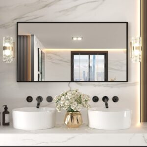 loaao 55"x30" black rectangle bathroom mirror wall, matte black aluminum alloy frame, tempered glass, hangs vertically or horizontally, easy to install