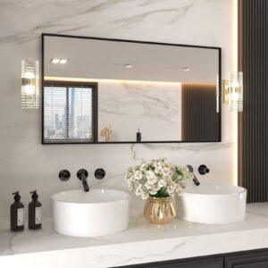 LOAAO 55"X30" Black Rectangle Bathroom Mirror Wall, Matte Black Aluminum Alloy Frame, Tempered Glass, Hangs Vertically or Horizontally, Easy to Install