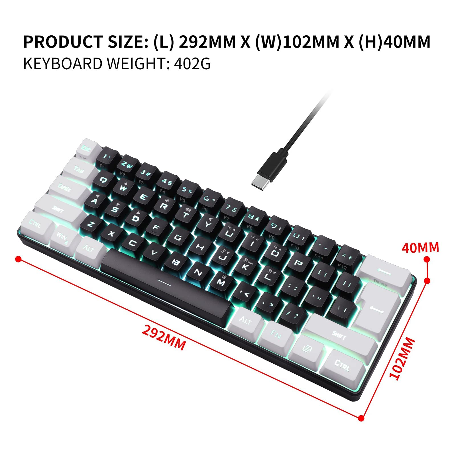 60% Wired Gaming Keyboard, RGB Backlit Ultra Compact Mini Keyboard, Waterproof Mini Compact 61-key Keyboard for PC/Mac Gamers, Typist, Travel, Easy Travel (Black & White)