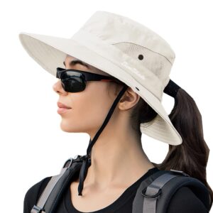 sun hats women uv-sheild-protection packable with ponytail hole (beige with ponytail hole)