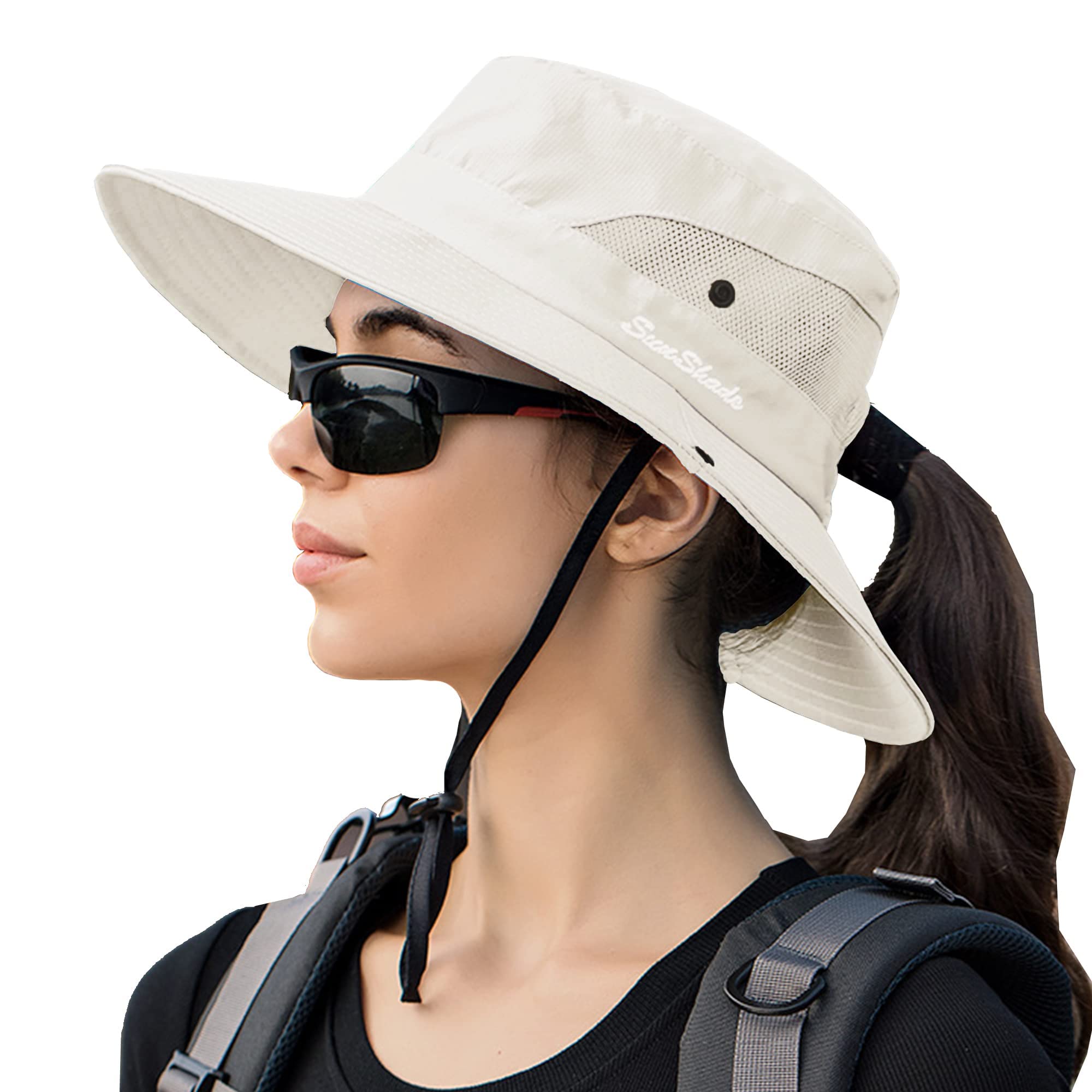 Sun Hats Women UV-Sheild-Protection Packable with Ponytail Hole (Beige with Ponytail Hole)