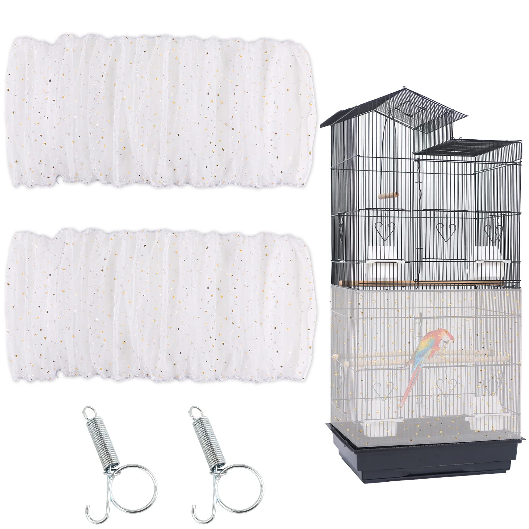 JULMELON 2PCS Bird Cage Seed Catcher Set, Adjustable Large Parakeet Cage Cover White Starry Sky Design - Universal Nylon Mesh Cover for Parakeet, Round and Square Cages with Spring Hook