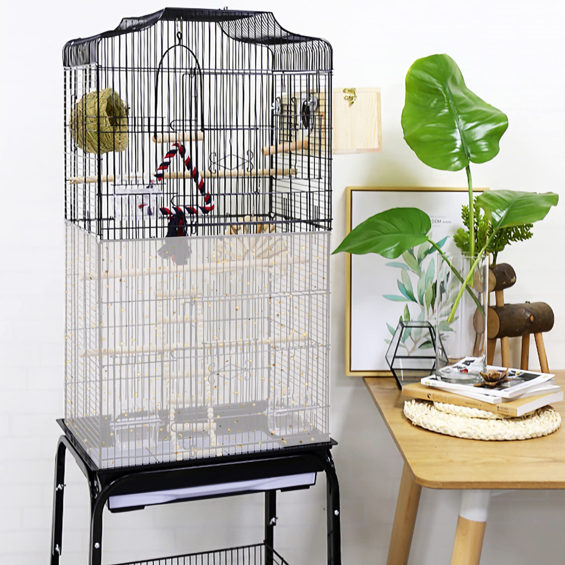 JULMELON 2PCS Bird Cage Seed Catcher Set, Adjustable Large Parakeet Cage Cover White Starry Sky Design - Universal Nylon Mesh Cover for Parakeet, Round and Square Cages with Spring Hook