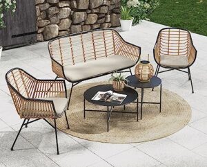 grand patio 5 pieces outdoor wicker patio conversation set seating chair set with cushions and coffee tables, boho wicker seating set for indoor outdoor, balcony, porch, garden, deck (natural)…