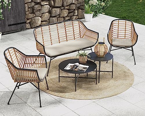 Grand patio 5 Pieces Outdoor Wicker Patio Conversation Set Seating Chair Set with Cushions and Coffee Tables, Boho Wicker Seating Set for Indoor Outdoor, Balcony, Porch, Garden, Deck (Natural)…