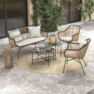 Grand patio 5 Pieces Outdoor Wicker Patio Conversation Set Seating Chair Set with Cushions and Coffee Tables, Boho Wicker Seating Set for Indoor Outdoor, Balcony, Porch, Garden, Deck (Natural)…