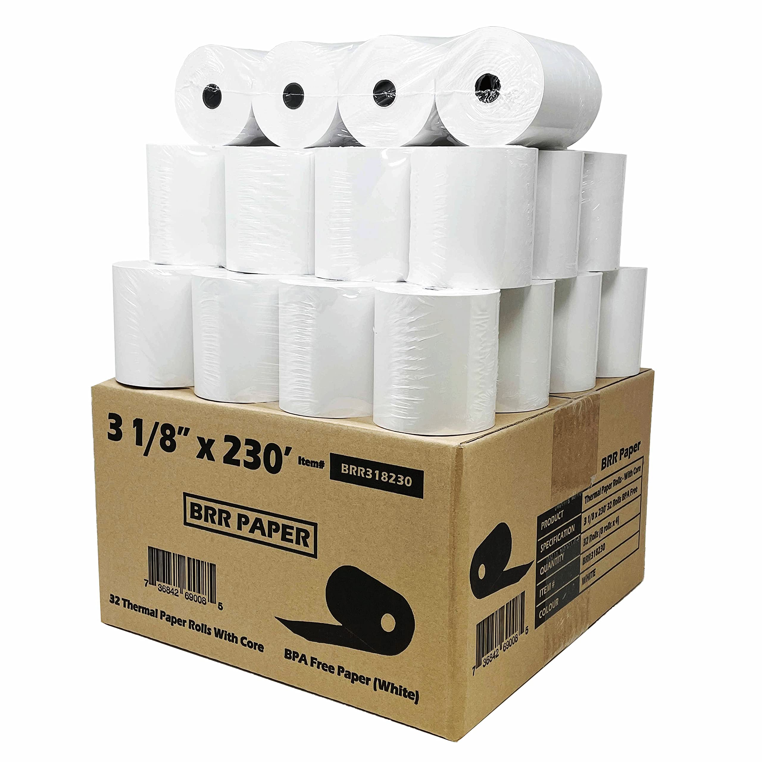 (32 Rolls – 55 GSM) 3 1/8 x 230 Thermal Paper Receipt Rolls (Solid Tube Core) fits all Clover POS Cash Register Printers, Star Micronics SCP700 TSP100 TSP300 TSP400 TSP500 TSP600 TSP 700 TSP2000