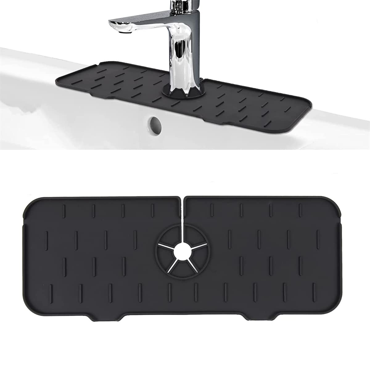 Kitchen Faucet Sink Splash Guard, Silicone Faucet Water Catcher Mat – Sink Draining Pad Behind Faucet, Rubber Drying Mat for Kitchen & Bathroom Countertop Protect(Black)