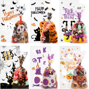 DIYASY 180 Pack Halloween Cellophane Treat Bags, Plastic Goodie Candy Bag for Kids Clear Goody Snack Bags Bulk Party Favors with 210 Twist Ties