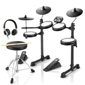 donner ded-80 electronic drum set with 4 quiet mesh pads, 180+ sounds, 2 pedals, throne, headphones, sticks, and melodics lessons