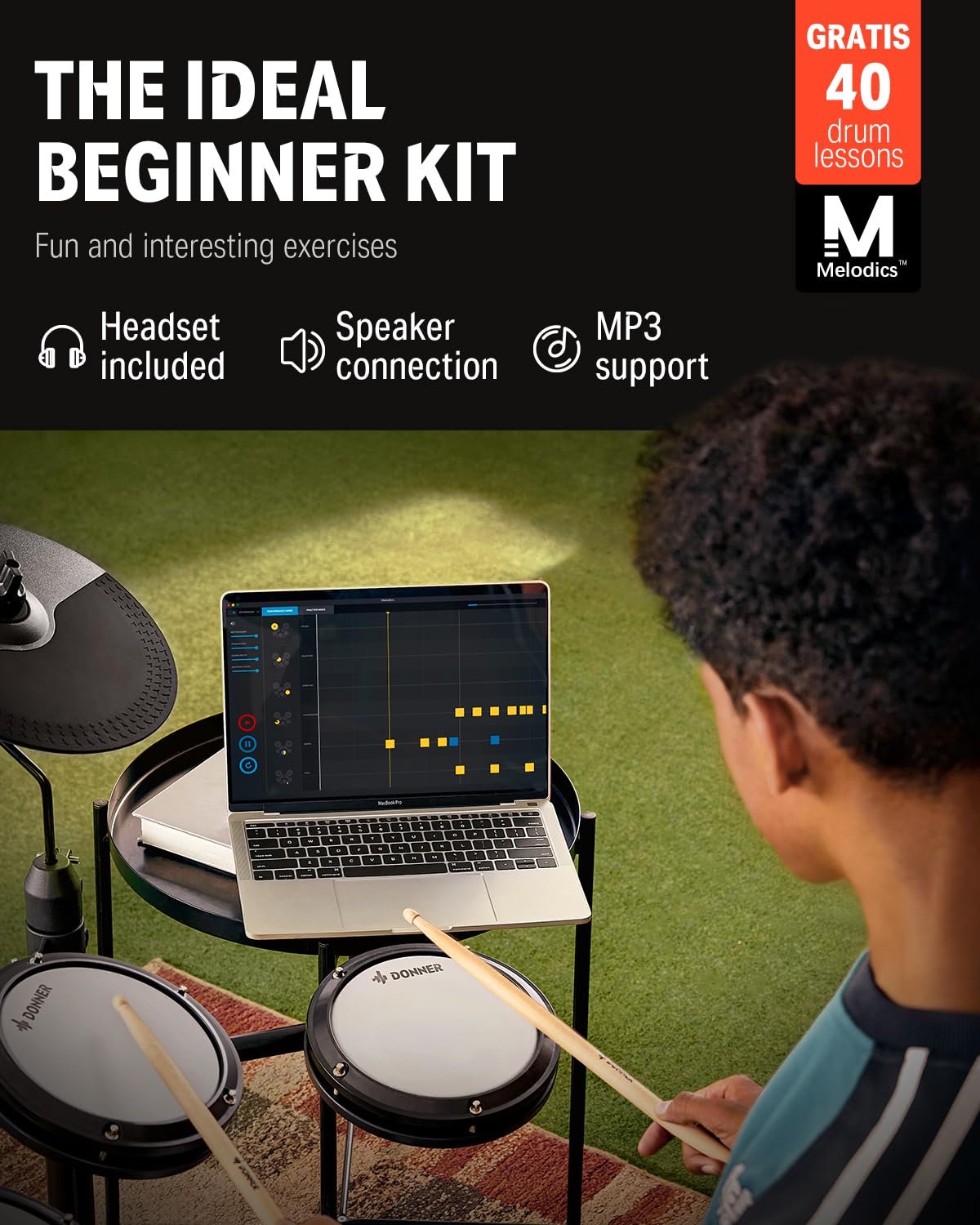 Donner DED-80 Electronic Drum Set with 4 Quiet Mesh Pads, 180+ Sounds, 2 Pedals, Throne, Headphones, Sticks, and Melodics Lessons