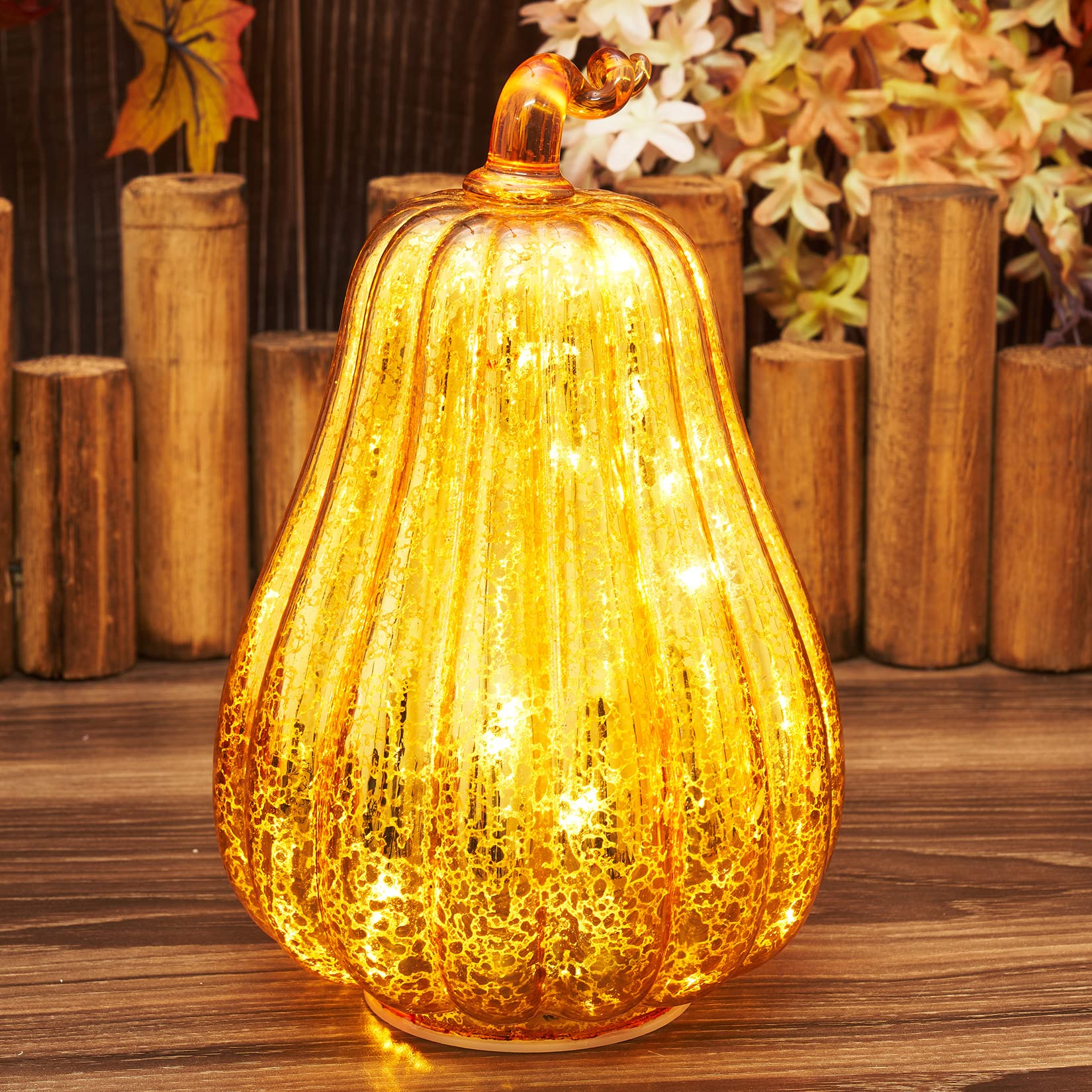 Osfvn Mercury Glass Pumpkins Light Timer Operated 8 inches Table Centerpiece Fall Autumn Decorations Halloween Thanksgiving Pumpkin Decor