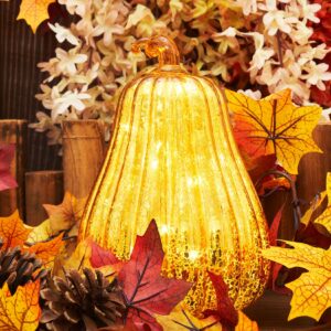 Osfvn Mercury Glass Pumpkins Light Timer Operated 8 inches Table Centerpiece Fall Autumn Decorations Halloween Thanksgiving Pumpkin Decor