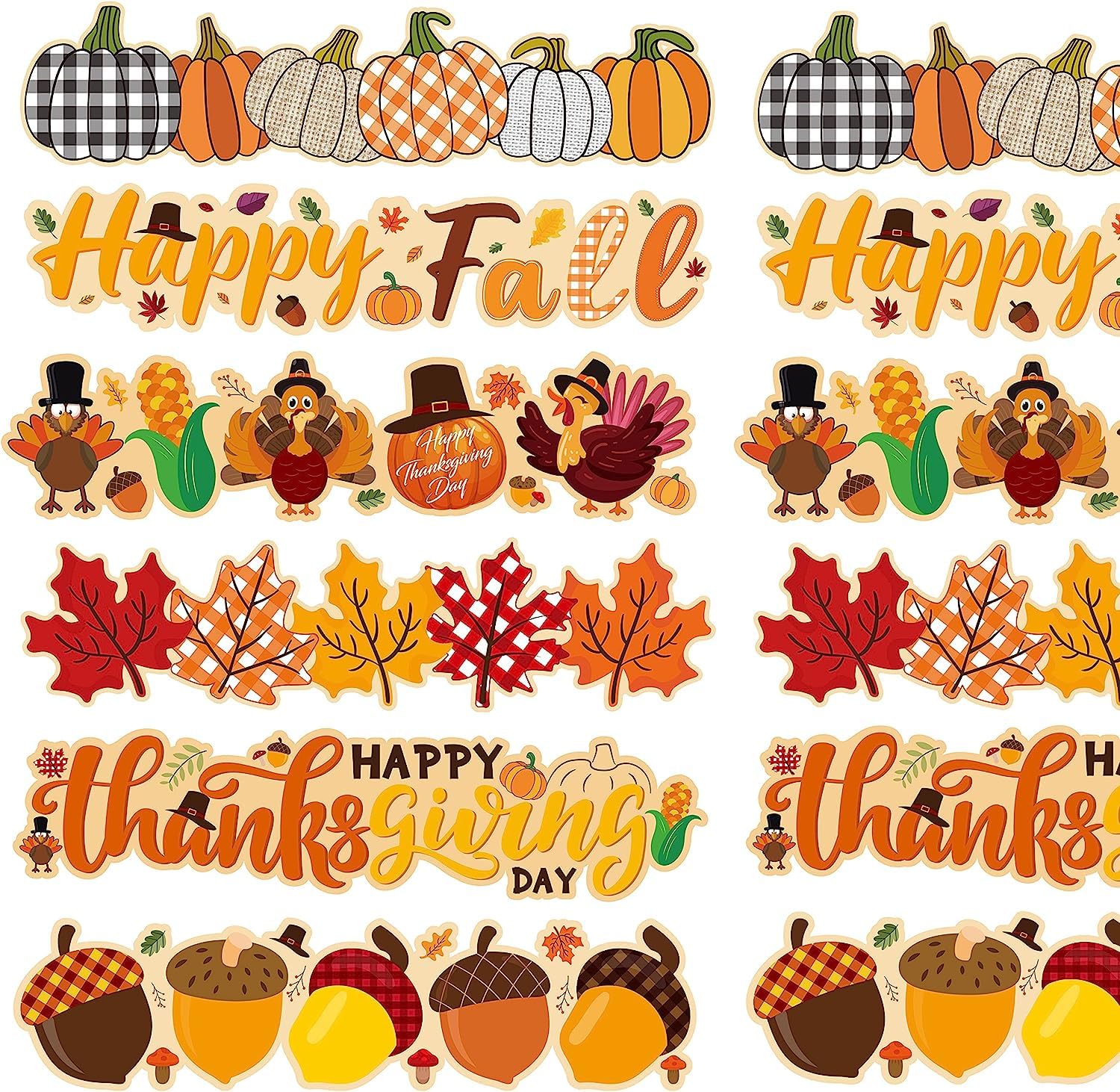 70Feet Haooryx Happy Thanksgiving Fall Bulletin Board Borders 72PCS Cartoon Turkey Pumpkin Maple Leaves Paper Borders Trim for School Classroom Autumn Theme Party Blackboard Border Wall Decorations