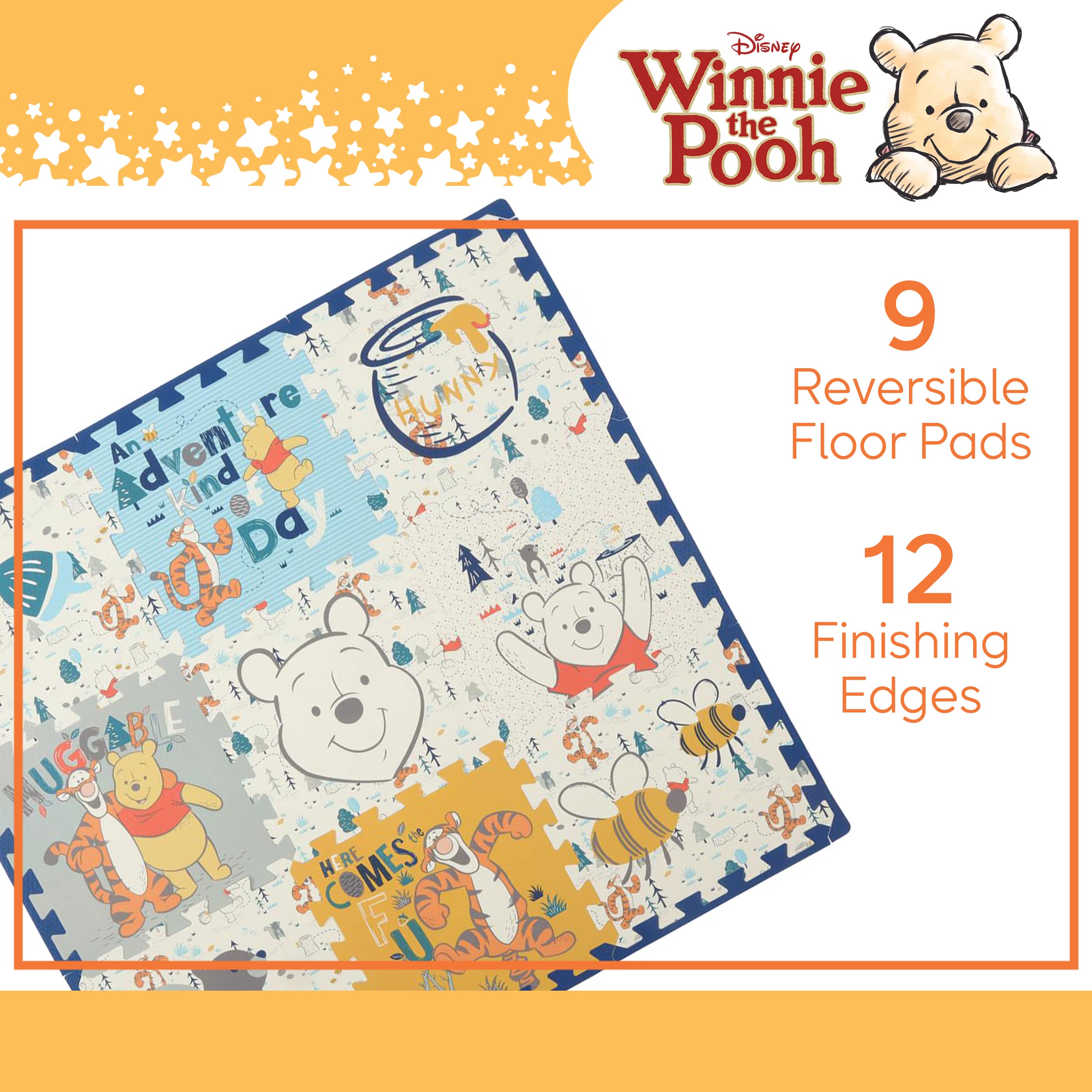 Disney Winnie The Pooh EVA Foam Mat, Winter Prairie Interlocking EVA Foam Flooring Tiles, Yellow, 36 x 36 Inches